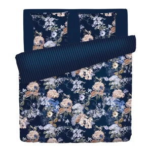 Housse de couette + taie(s) d'oreiller satin de coton - Floraison d'hortensias bleu foncé*Rodier Sale