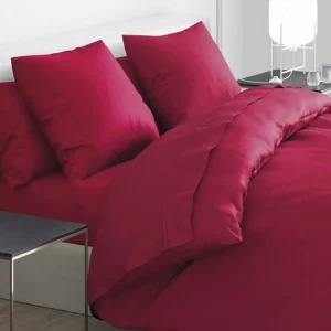 Housse de couette satin de coton + 2 taies - Aurore Uni Rouge*Cacharel Discount