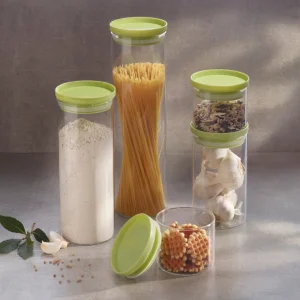 Set de 3 boîtes en verre avec couvercle en plastique – transparent et vert – 0.5l + 1L + 1.5L*Brandt Online