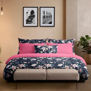 Taie(s) d'oreiller satin de coton - Fleur de minuit Bleu foncé / Rose*Cacharel New