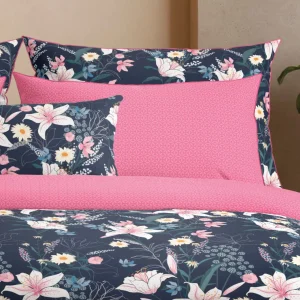 Taie(s) d'oreiller satin de coton - Fleur de minuit Bleu foncé / Rose*Cacharel New